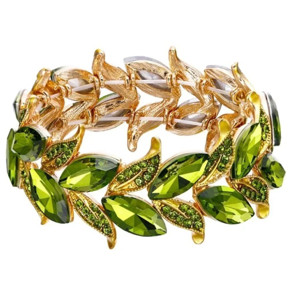Yellow Gold and Green Peridot Austrian Crystal Leaf Stetchable Bracelet Bangle